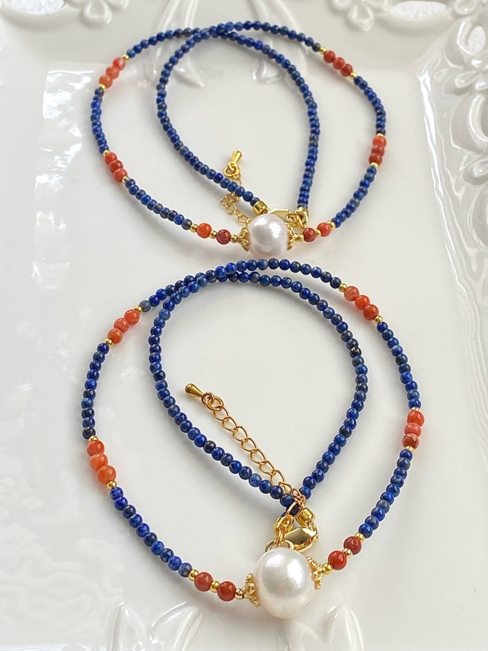 GP59-Lapis Lazuli, Red Agate And Edison Pearl Necklace - Picture 3 of 15